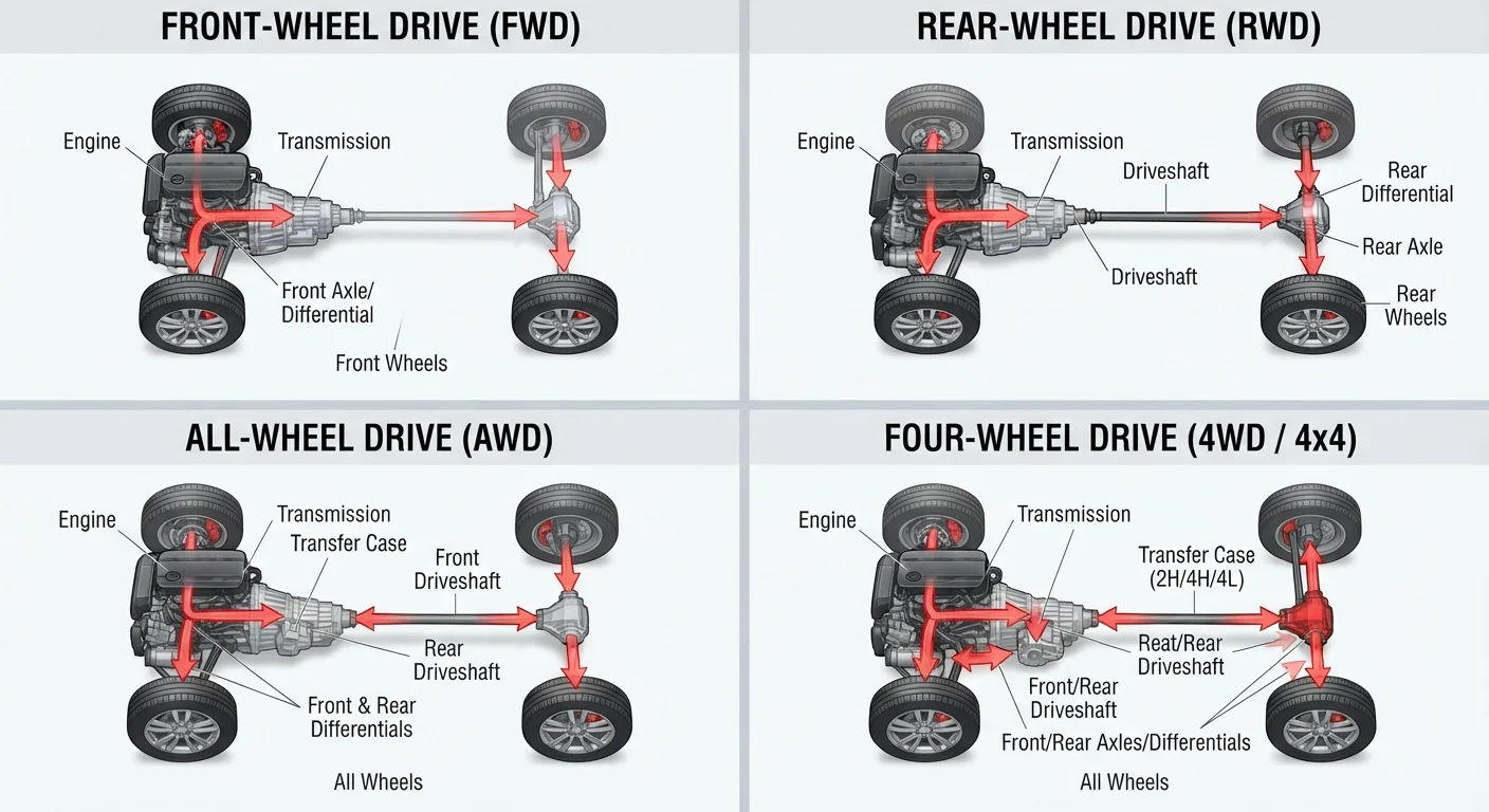 AWD, 4WD, FWD, and RWD: What Each Drivetrain Actually Does