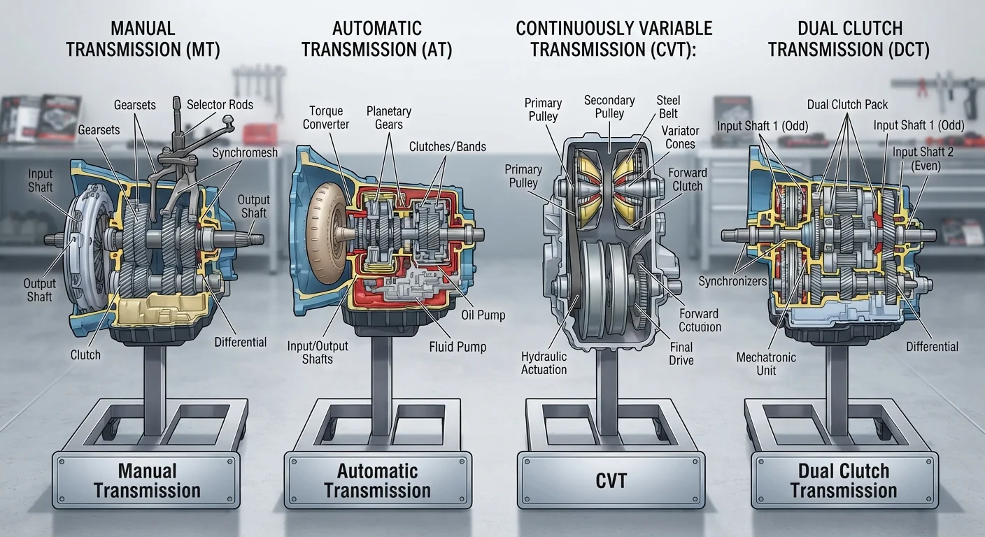 Transmission Types: Manual, Automatic, CVT, and Dual-Clutch Side by Side